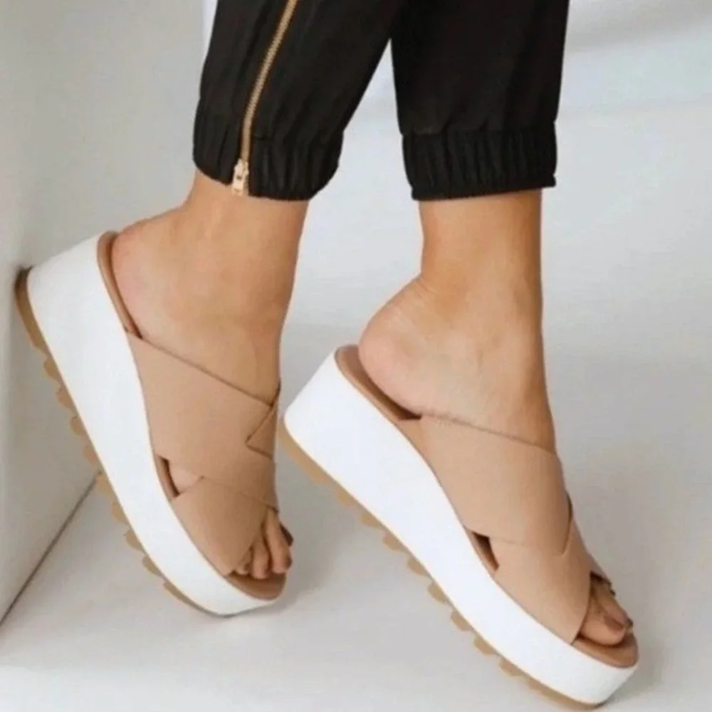 Sorel Cameron Flatform Sandal Tan Leather Cross Strap Platform Comfort Shoes